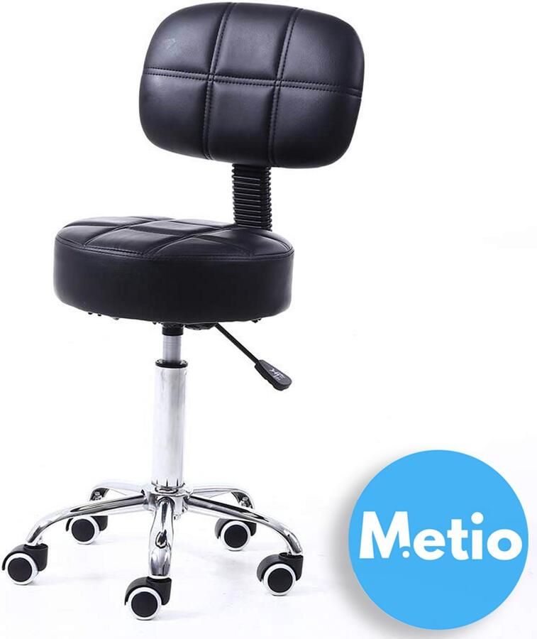 Metio – Werkkruk met Rugleuning & Wielen – In Hoogte Verstelbaar 360° Draaibaar Comfortabele PU Leren Zitting – Zwart