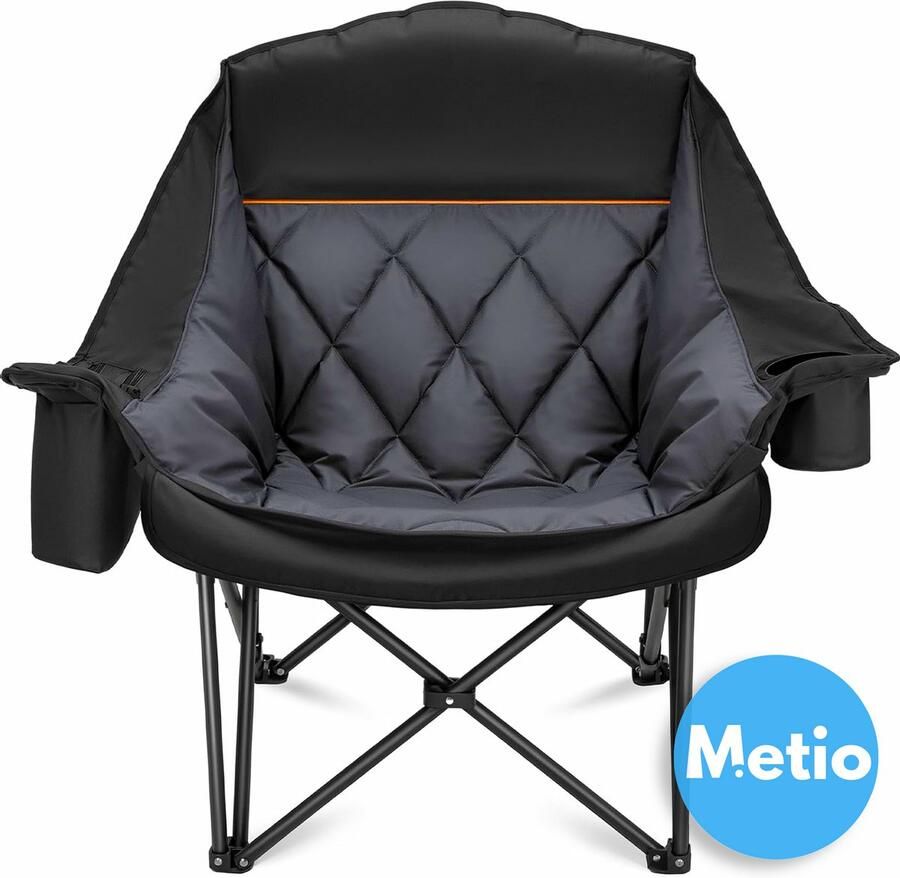 Metio – XL Campingstoel voor Volwassenen – Extra Ruim Opvouwbaar & Gewatteerd – Versterkte Constructie 204 kg Draagkracht Bekerhouder & Zijvak – Donkergrijs