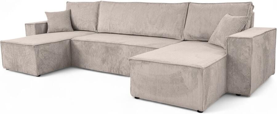 Meuba Home Hoekbank Elisa U-Bank met bedfunctie en opbergruimte Beige Ribstof Velvet Zetel -Slaapbank