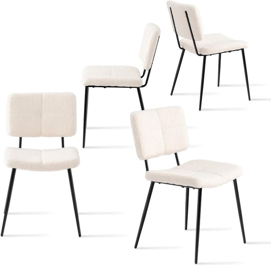Meubel cosy Set van 4 Scandinavische eetkamerstoelen met gewatteerde bouclé rugleuningen en metalen poten voor keuken woonkamer slaapkamer en kantoor beige