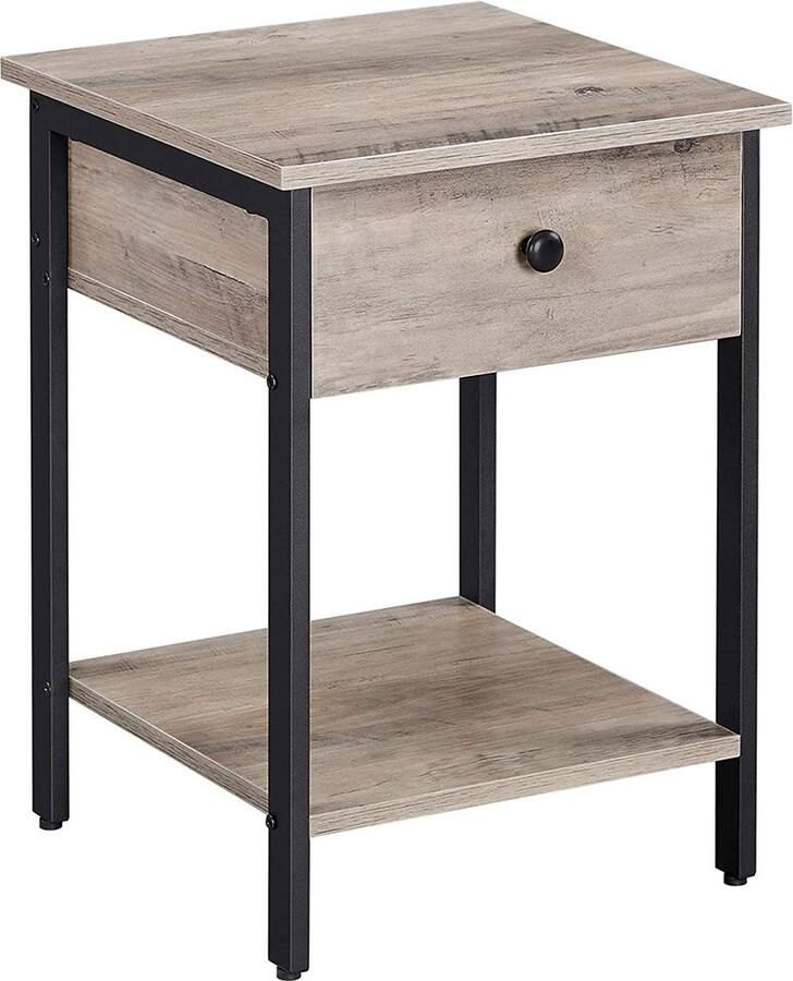 Meubel Gigant Nachtkastje Bijzettafel Met lade en houten plank Grijs-zwart