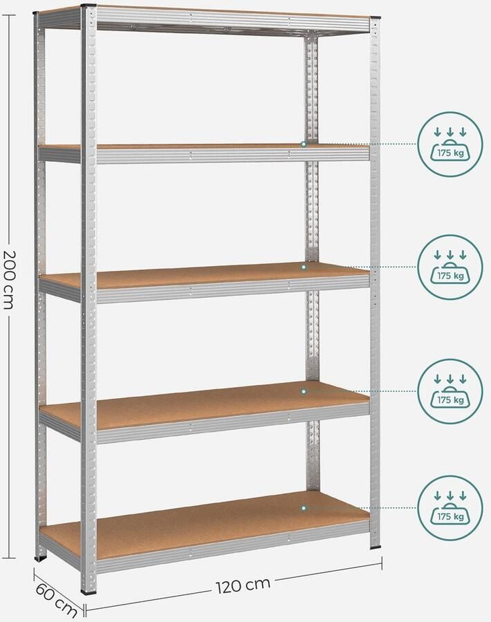 Meubel Gigant Stellingkast Opbergrek Met 5 verstelbare planken Belastbaar tot 300kg Zilver