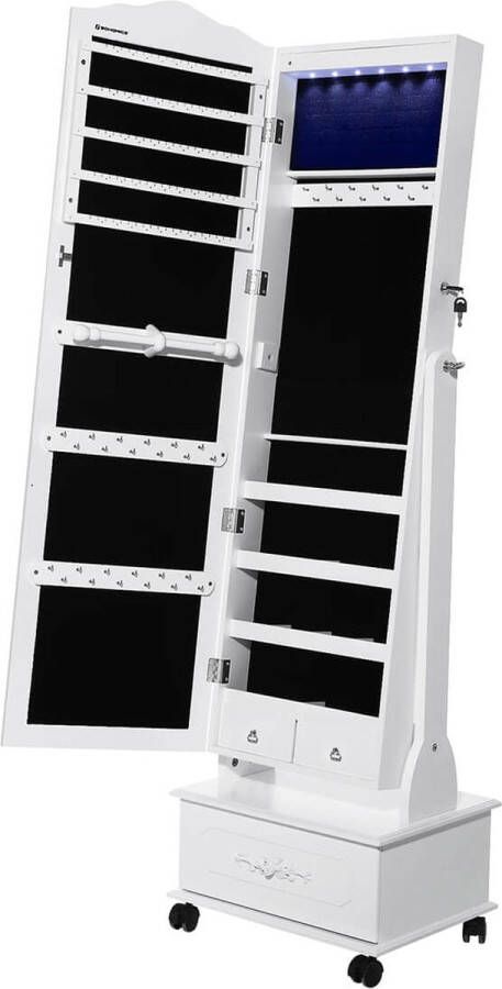 Meubel Gigant Mobiele sieradenkast met spiegel Met wieltjes Met LED verlichting En slot Wit