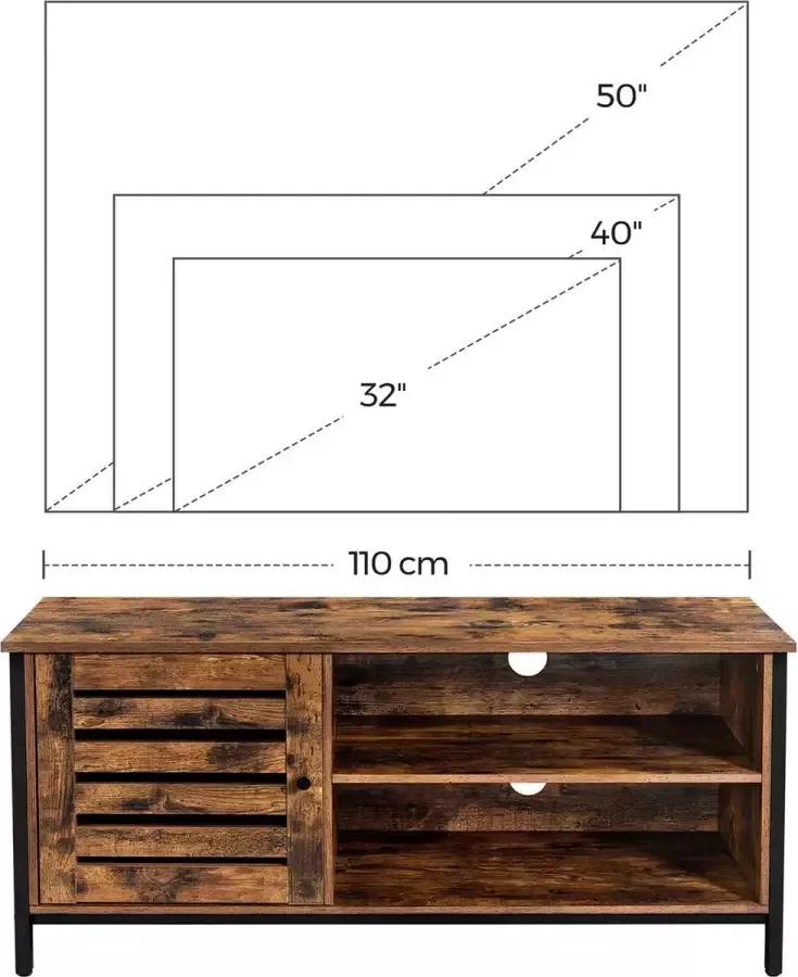 Meubel Gigant TV-tafel voor TV tot 50 inch TV Meubel met 2 Open Vakken Industrieel Ontwerp Vintage Bruin Zwart