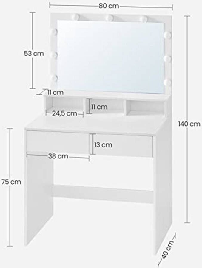MeubelGigant Kaptafel Make-up Tafel Cosmeticatafel Met 9 LED lampen Met spiegel 2 laden en 3 open vakken Modern Wit