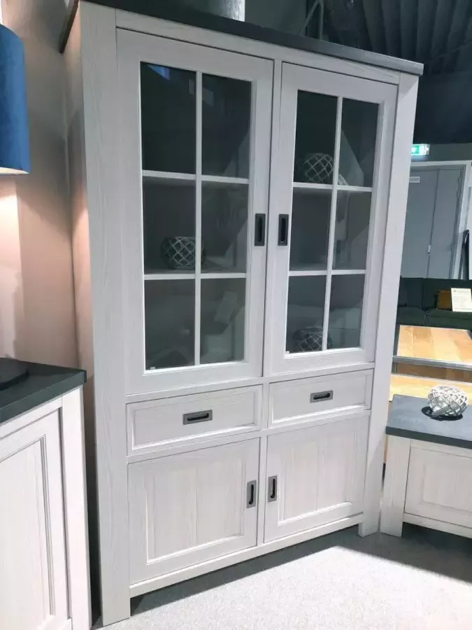 MEUBEL Malden Vitrinekast met Glas Wit Hout Landelijk Buffetkast