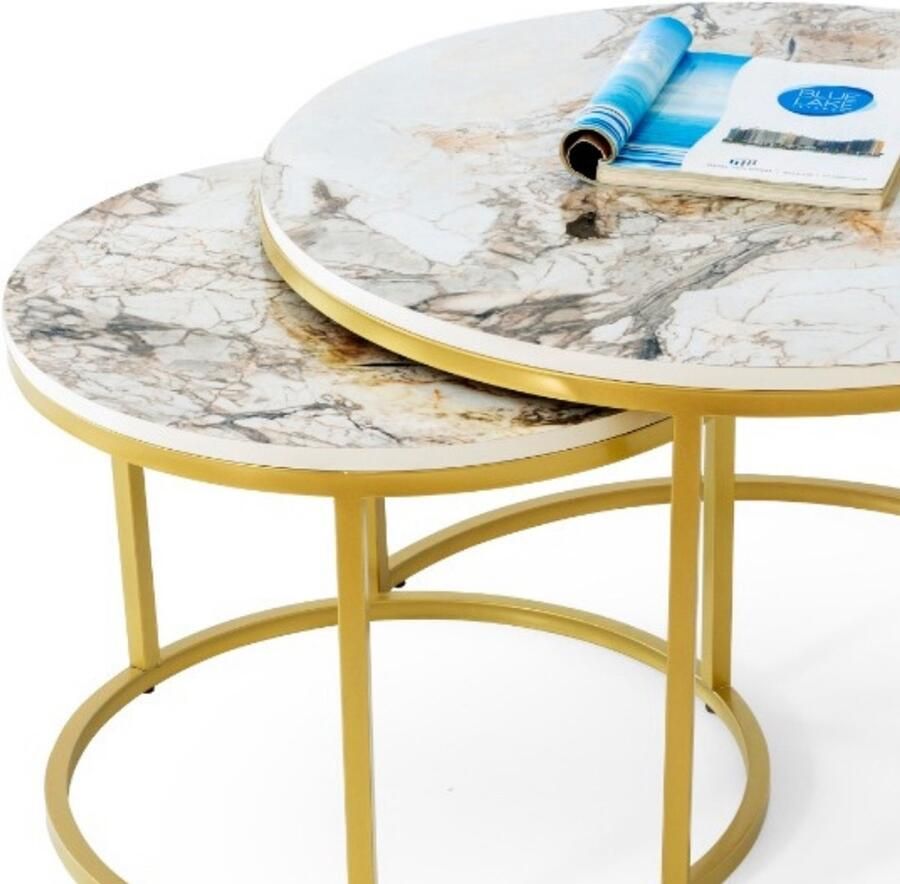 Meubel Sofa Meubelsofa-Ronde Salontafels-Marmer Set Van 2 – Bijzettafel Goud – Salontafel Rond –MDF Marmerlook– Ø80 & Ø70cm - Foto 3