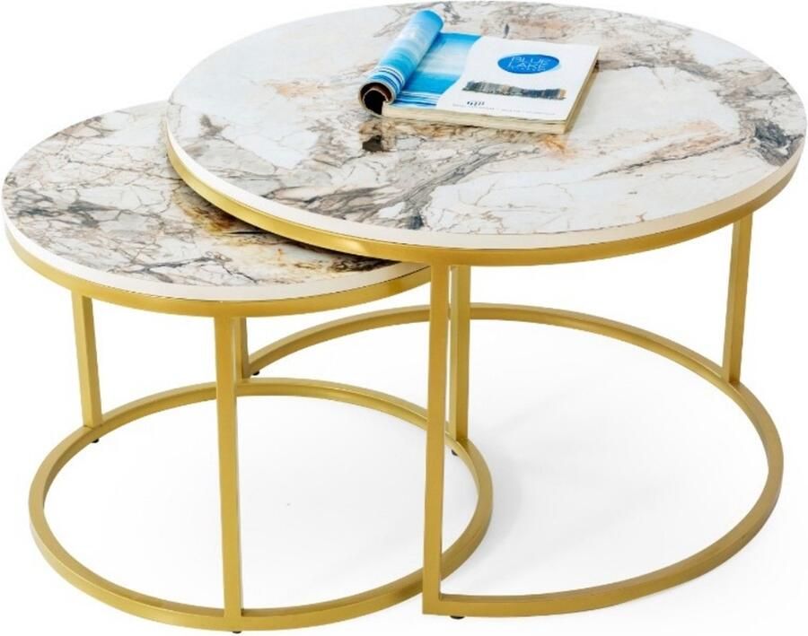 Meubel Sofa Meubelsofa-Ronde Salontafels-Marmer Set Van 2 – Bijzettafel Goud – Salontafel Rond –MDF Marmerlook– Ø80 & Ø70cm - Foto 2