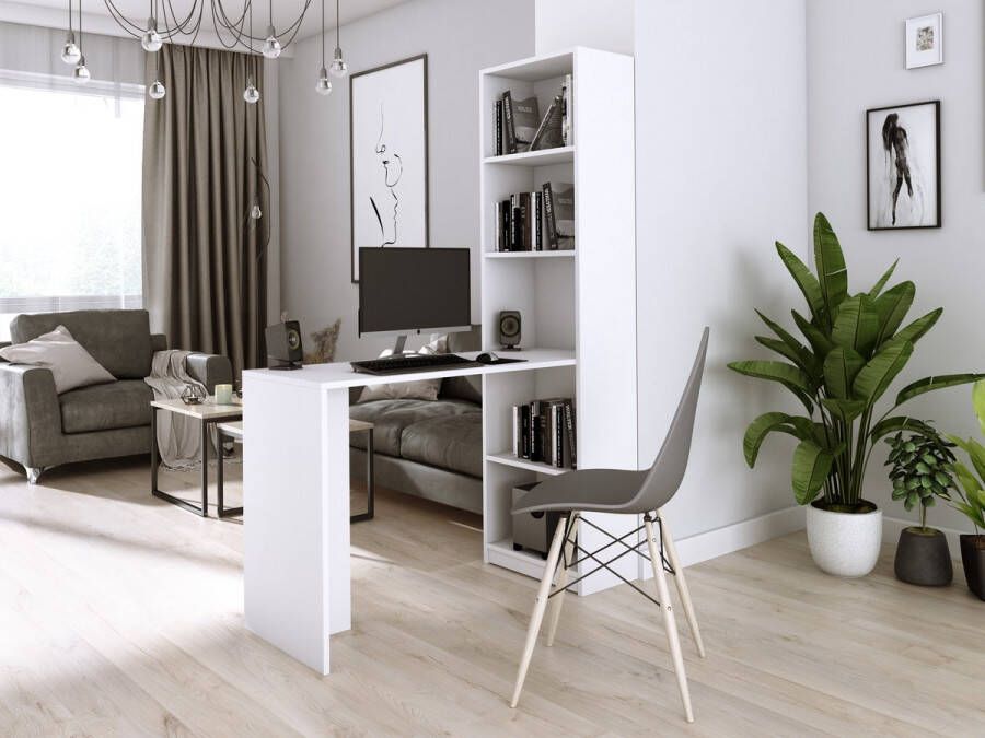 Meubel Square Bureau EVEREST Wit Bureautafel met boekenkast