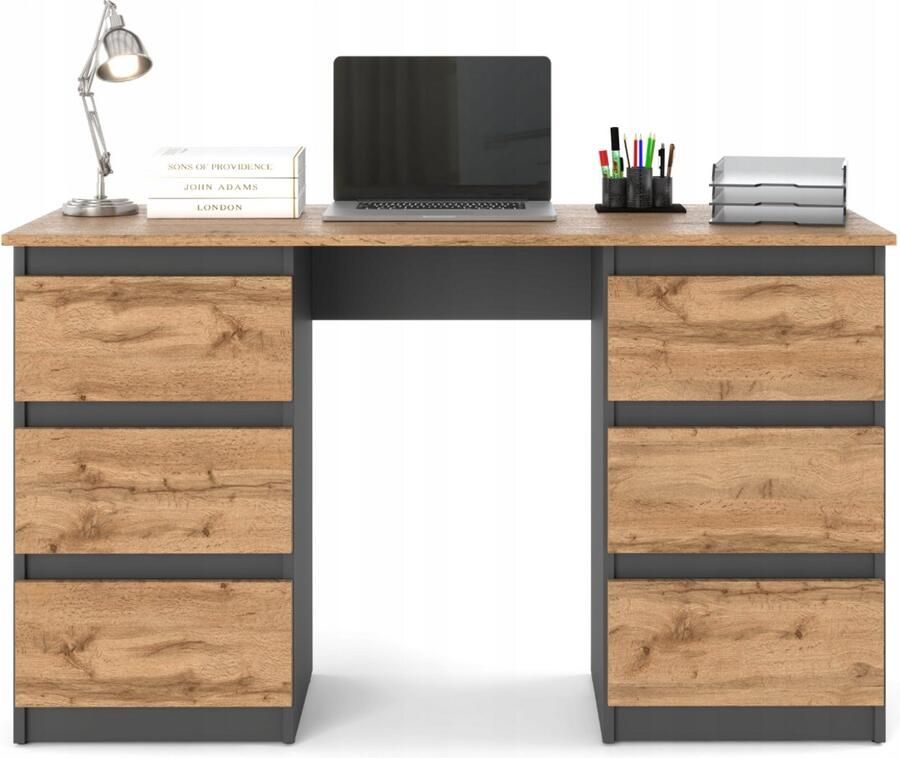 Meubel Square Bureau Bernova Antraciet Eiken Kindertafel met 6 lades