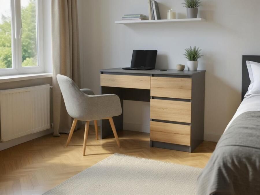 Meubel Square Bureau Tavik Antraciet Eiken Kindertafel met 4 lades