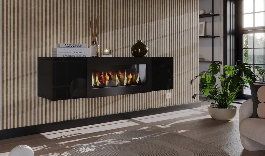 Meubel Square Dressoir met open haard Hoogglans Zwart Zwevende kast Brandt met bio ethanol Niet elektrisch