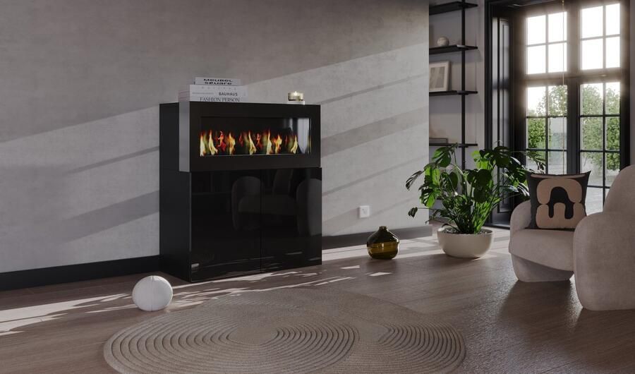 Meubel Square Dressoir URBANO met bio ethanol sfeerhaard Hoogglans Zwart kast met open haard Niet elektrisch