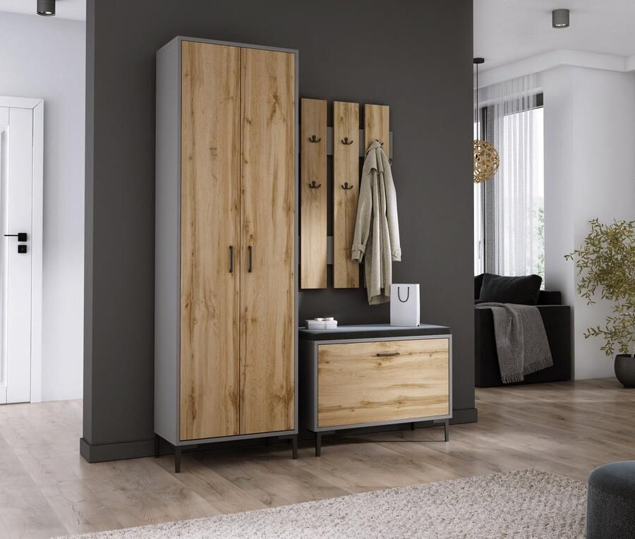 Meubel Square Halkast NOX Antraciet Eiken met Schoenenkast en Kapstok Halmeubel set