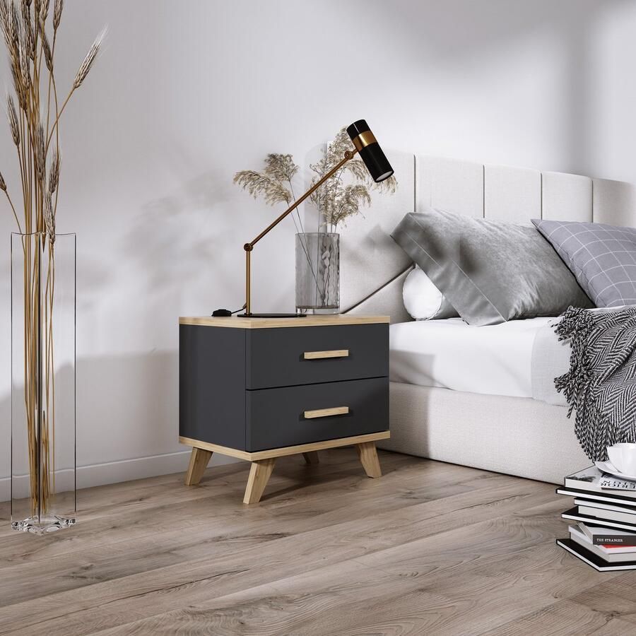 Meubel Square Nachtkastje SINDI Set van 2 Antraciet Eiken met massief houten poten Scandinavische stijl