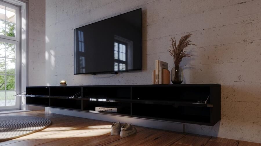 Meubel Square TV meubel Nivo Hoogglans Zwart 280cm (2x140cm) Hangend TV Kast