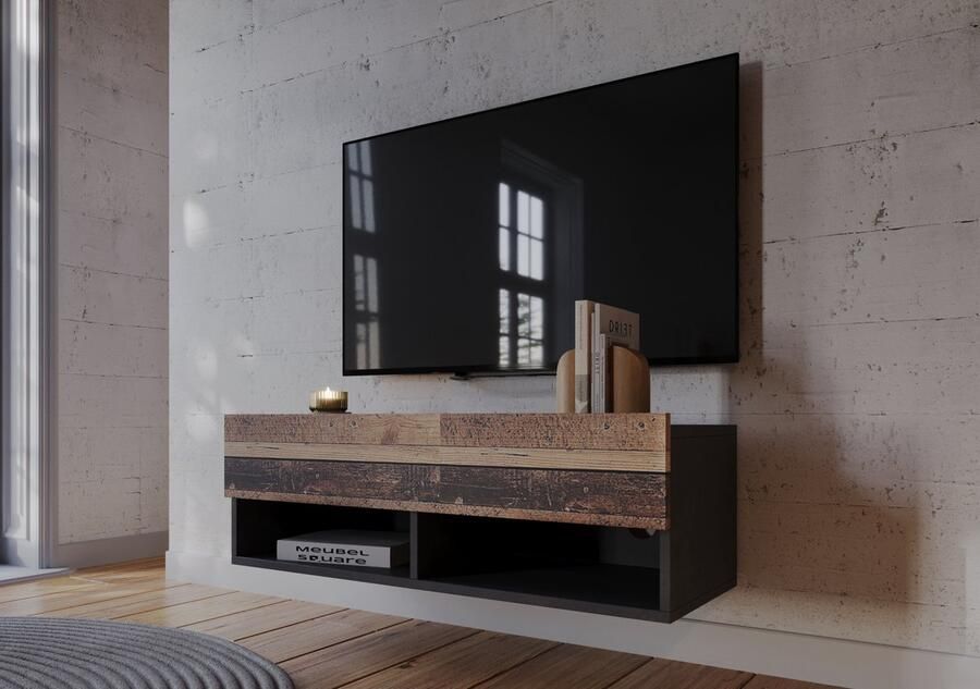 Meubel Square TV meubel Nivo Old Wood Antraciet 100cm Hangend TV Kast