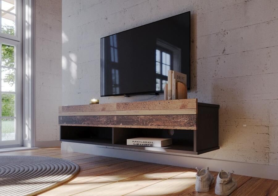 Meubel Square TV meubel Nivo Old Wood Antraciet 140cm Hangend TV Kast