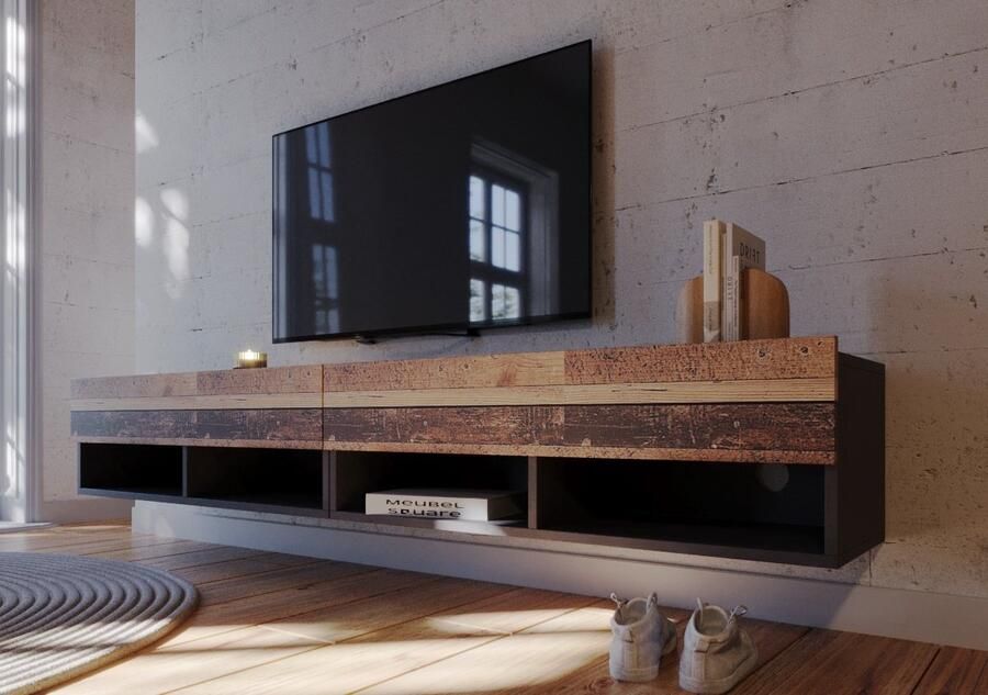 Meubel Square TV meubel Nivo Old Wood Antraciet 200cm (2x100cm) Hangend TV Kast