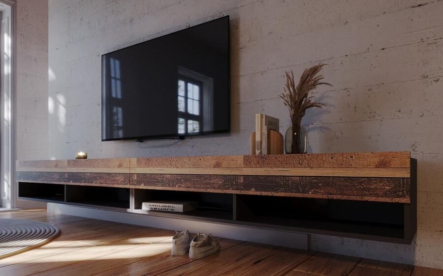 Meubel Square TV meubel Nivo Old Wood Antraciet 280cm (2x140cm) Hangend TV Kast