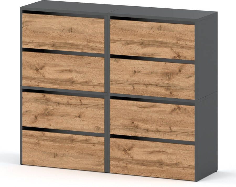 Meubel Square Schoenenkast STEP Set van 4 Eiken Grijs Modulaire schoenenkast zonder handgrepen