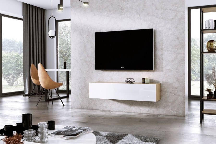 Meubel Square TV meubel DIAMOND Eiken Hoogglans Wit 120cm Hangend TV Kast