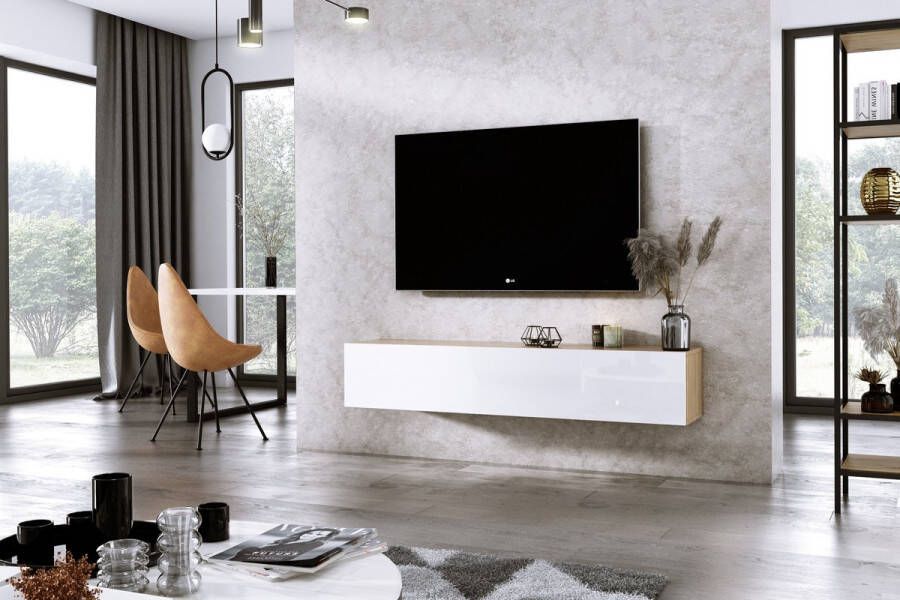 Meubel Square TV meubel DIAMOND Eiken Hoogglans Wit 150cm Hangend TV Kast