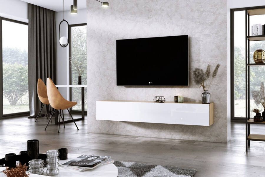 Meubel Square TV meubel DIAMOND Eiken Hoogglans Wit 180cm Hangend TV Kast