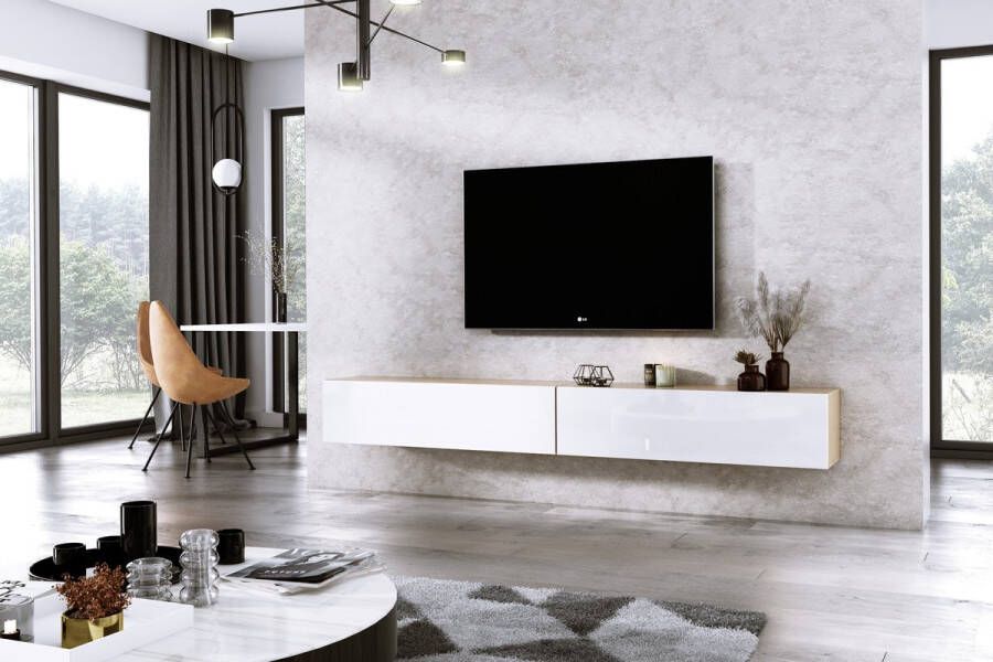 Meubel Square TV meubel DIAMOND Eiken Hoogglans Wit 240cm (2x120cm) Hangend TV Kast