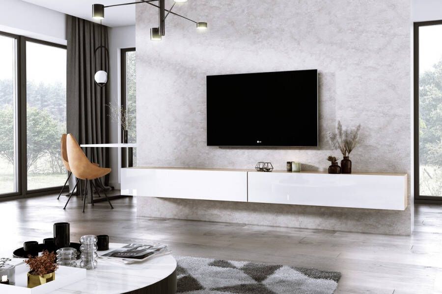 Meubel Square TV meubel DIAMOND Eiken Hoogglans Wit 300cm (2x150cm) Hangend TV Kast