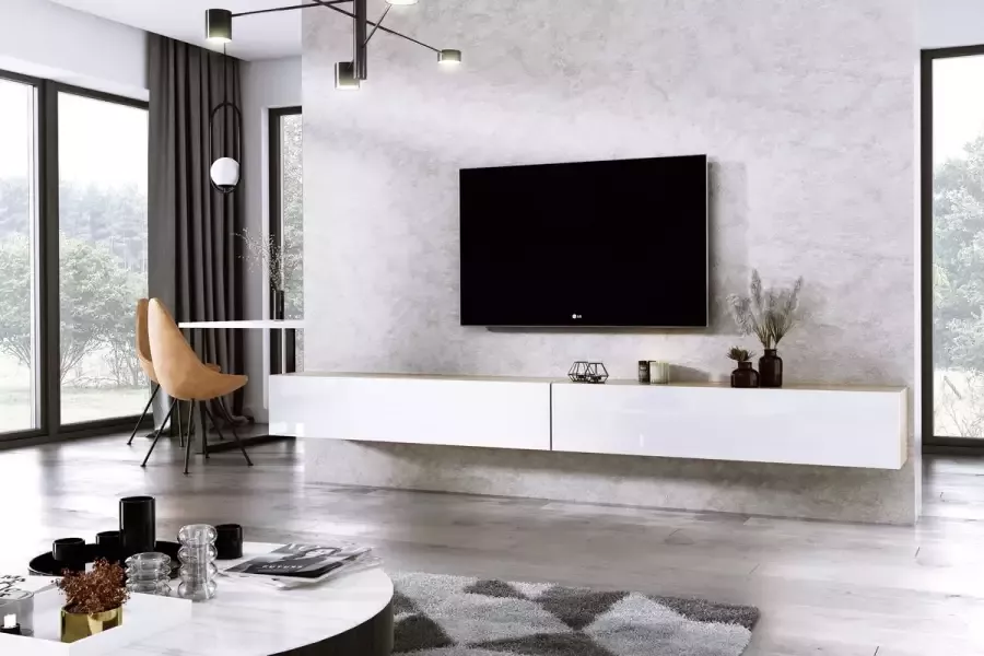 Meubel Square TV meubel DIAMOND Eiken Hoogglans Wit 300cm (2x150cm) Hangend TV Kast