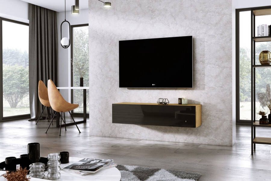Meubel Square TV meubel DIAMOND Eiken Hoogglans Zwart 120cm Hangend TV Kast