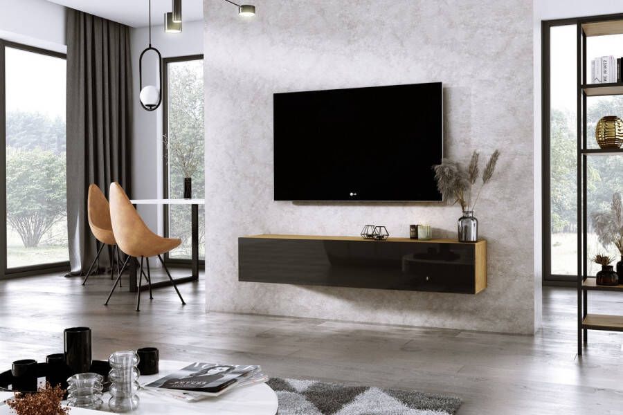 Meubel Square TV meubel DIAMOND Eiken Hoogglans Zwart 150cm Hangend TV Kast