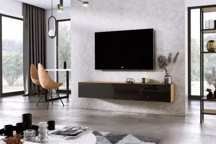 Meubel Square TV meubel DIAMOND Eiken Hoogglans Zwart 180cm Hangend TV Kast