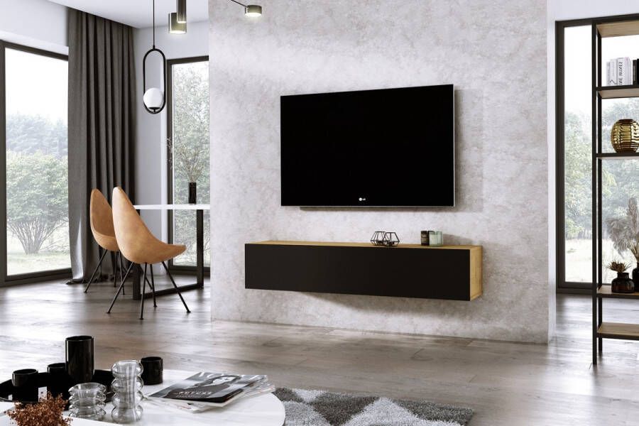Meubel Square TV meubel DIAMOND Eiken Mat Zwart 150cm Hangend TV Kast