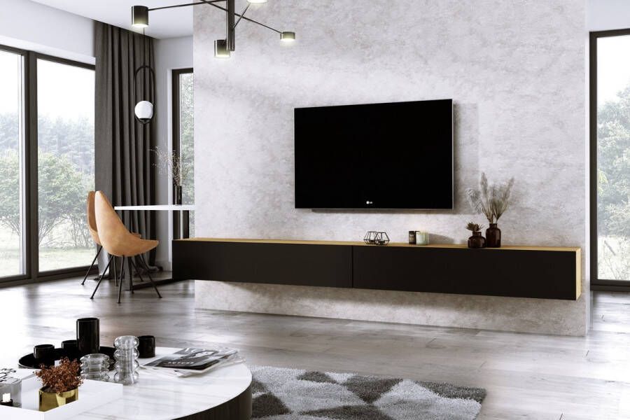 Meubel Square TV meubel DIAMOND Eiken Mat Zwart 300cm (2x150cm) Hangend TV Kast