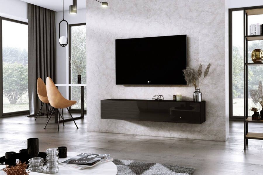 Meubel Square TV meubel DIAMOND Zwart Hoogglans Zwart 150cm Hangend TV Kast