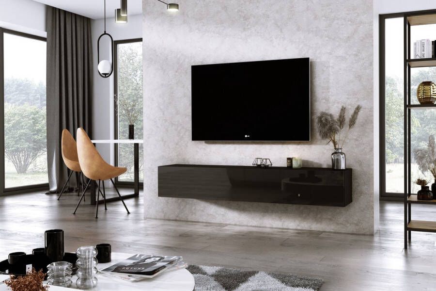 Meubel Square TV meubel DIAMOND Zwart Hoogglans Zwart 180cm Hangend TV Kast