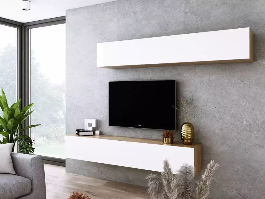 Meubel Square TV meubel VELA Eiken Hoogglans Wit 180 cm Wandmeubel hangende TV-meubel