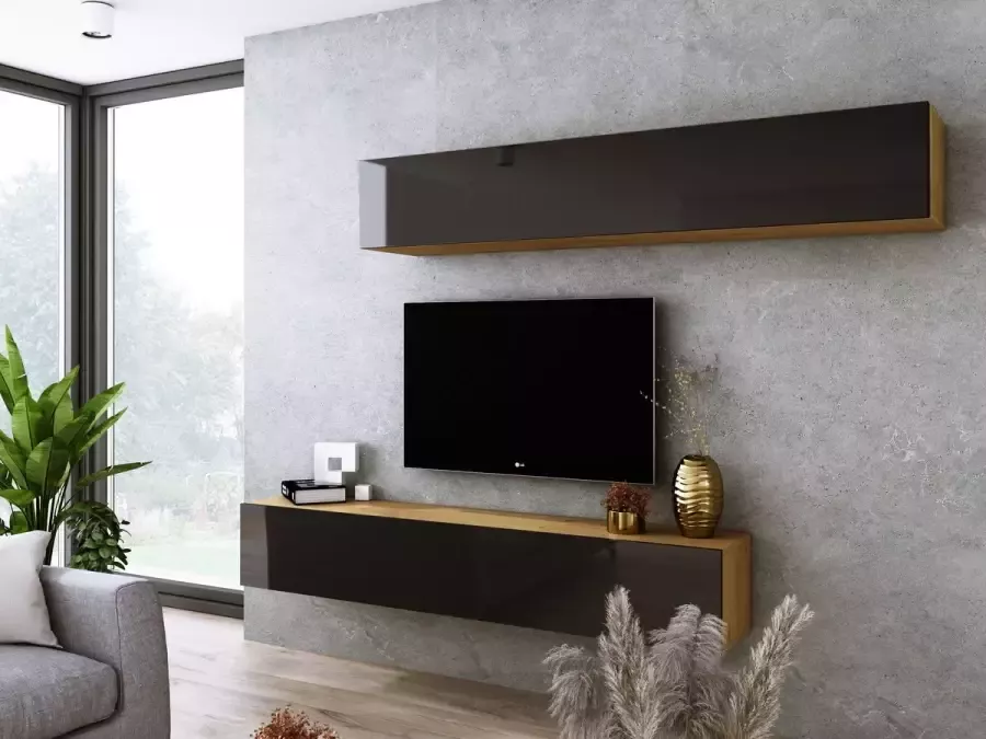 Meubel Square TV meubel VELA Eiken Hoogglans Zwart 180 cm Wandmeubel hangende TV-meubel