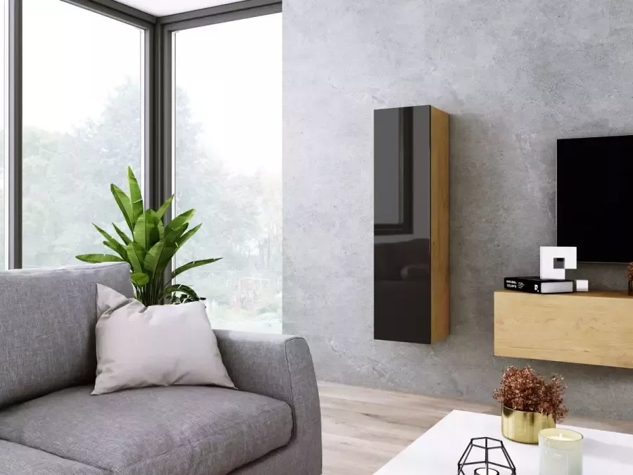 Meubel Square Kast SILVER Eiken Hoogglans Zwart 120cm Vitrinekast dicht