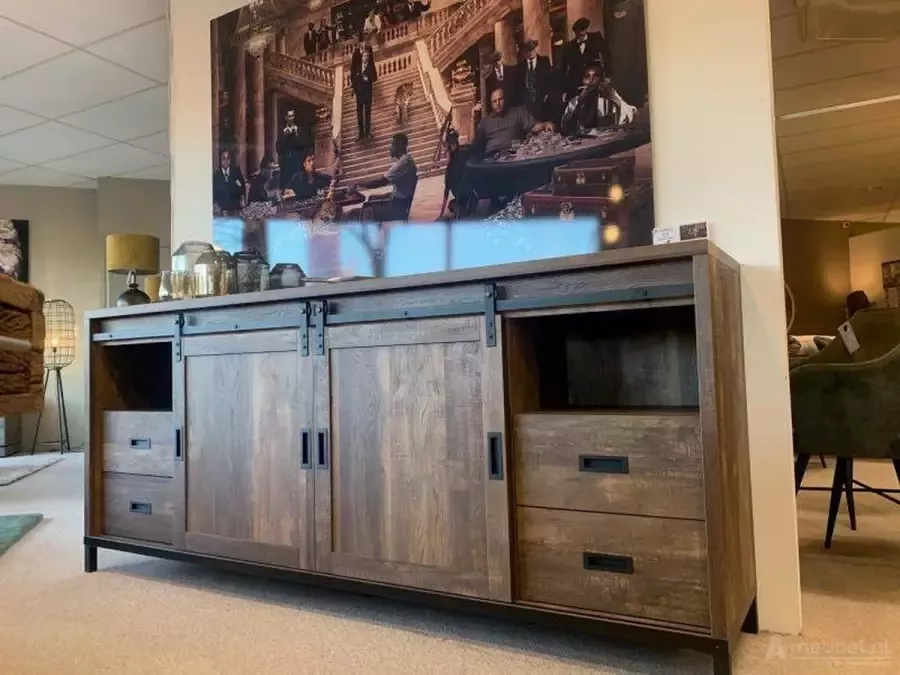 A-Meubel Staphorst Dressoir Groot Dressoir Industrieel 220 x 45 x 95cm 2 deuren 4 lades 2 open vakken Woonkamer kast Espresso houtlook - Foto 2