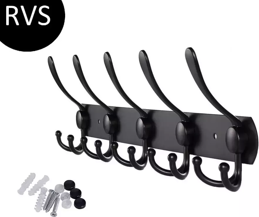 Absteigerhout Wandkapstok 15 haken 45cm Inclusief bevestigingsmateriaal Kapstokken RVS Muur Wand Kapstok Hangende Design Muurkapstok Handdoekrek Mat Zwart Metaal - Foto 2