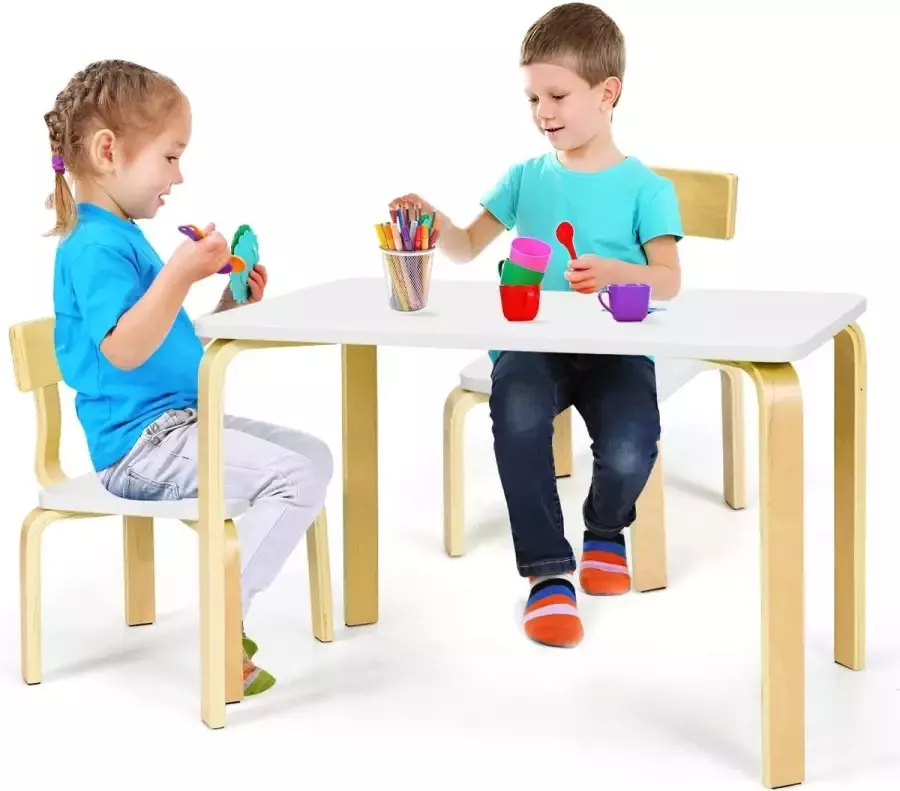 Meubelexpert kindertafel en stoelenset bevat 1 tafel en 2 stoelen Goede bescherming Wit gebogen hout
