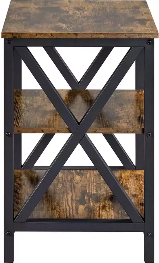 Meubelexpert Nachtkastje bijzettafel met 3 houten planken woonkamer slaapkamer eenvoudige montage stabiele X-vorm industrieel design vintage donkerbruin