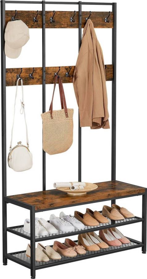 STRAK Meubelen Grote kapstok met bank Met 12 kleerhaken Schoenenrek Stevig stalen frame Industrieel ontwerp - Foto 2