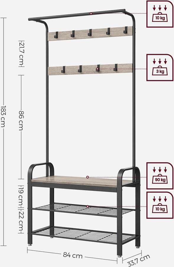 MeubelGigant Kapstok Schoenenrek Met zitje Kledingrek Met 9 afneembare haken Bankje 2 Roosterplanken Grijs
