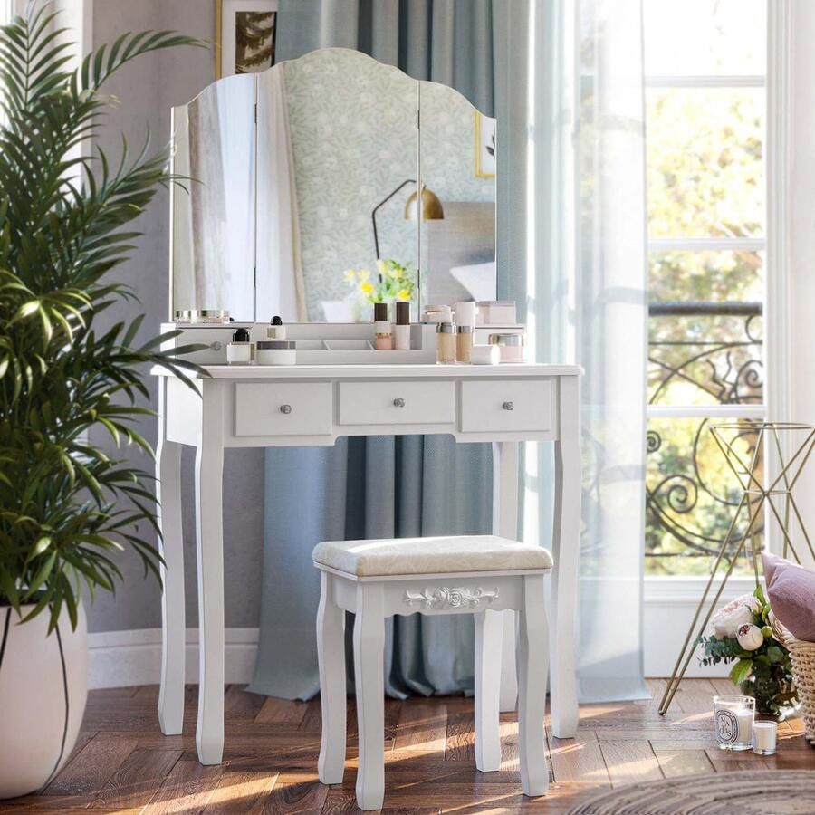 MeubelGigant Kaptafel Make- up Tafel Met inklapbare spiegel 5 lades met kruk Wit