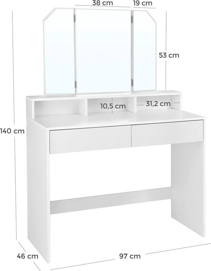 MeubelGigant Make- up Tafel kaptafel Met opklapbare spiegel 2 laden Cosmetische tafel Met 3 open compartimenten Wit