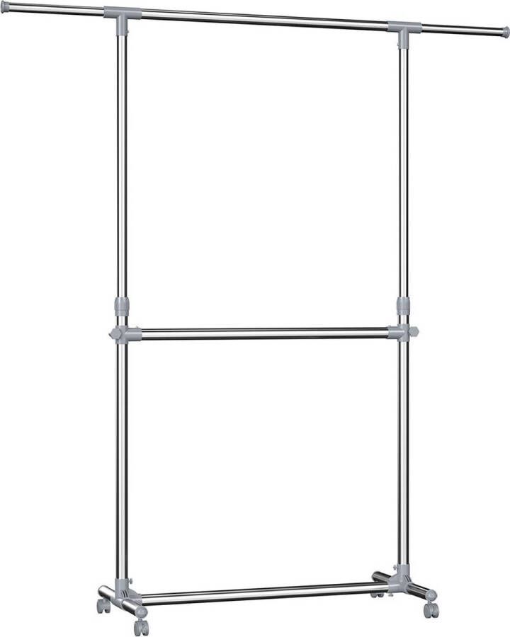 MeubelGigant Uitschuifbare Kledingstandaard met 2 Stangen op Wielen Verstelbaar van 113 tot 198 cm